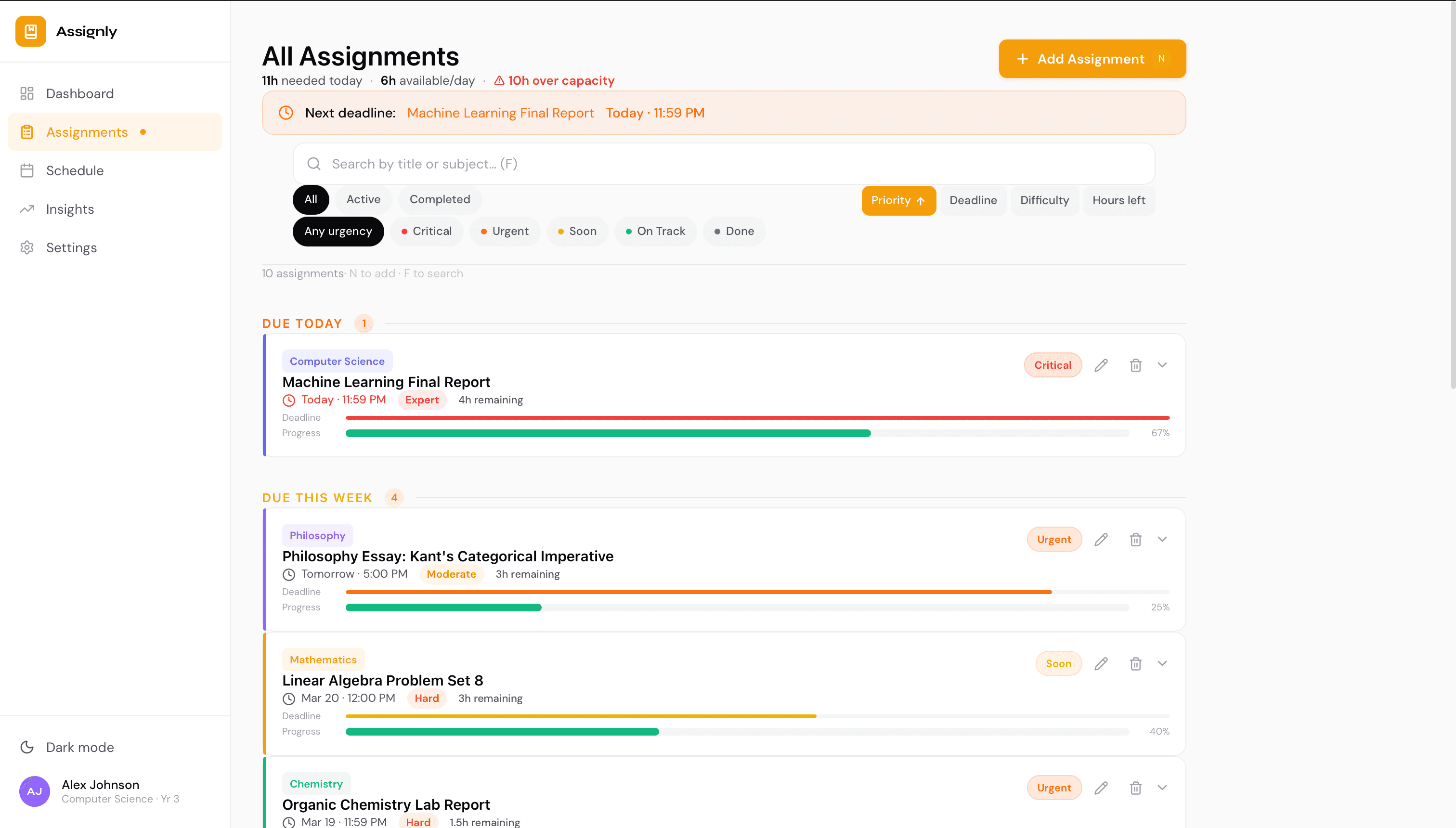 Assignment cards grouped by time bucket with progress bars