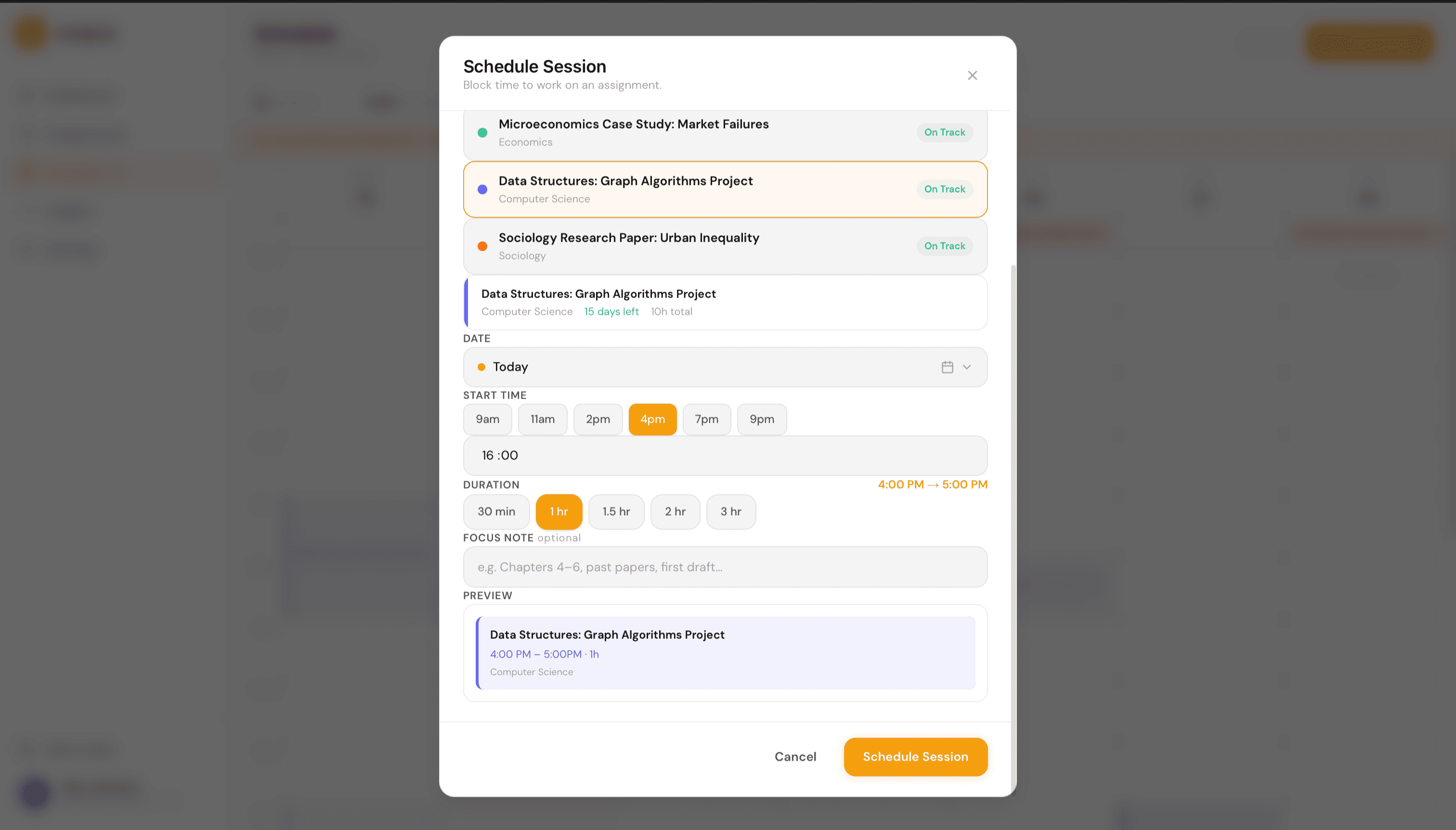 Schedule study session modal for picking date, time, and subject