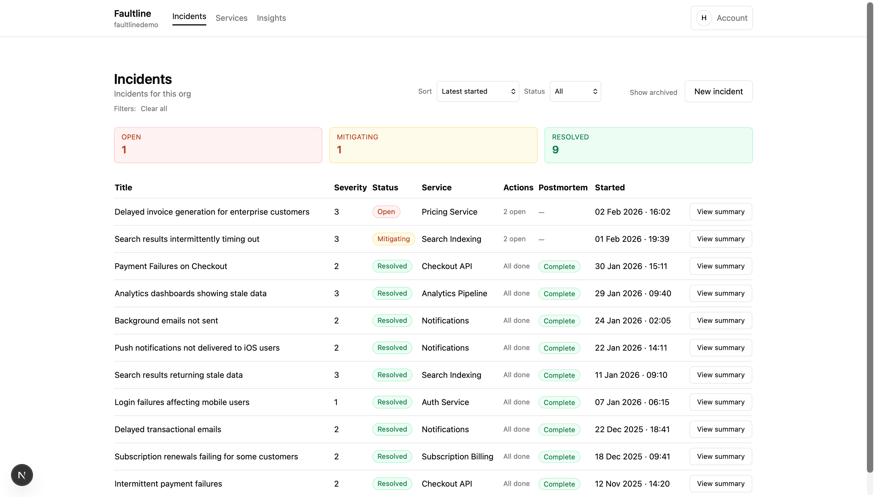 FaultLine dashboard overview