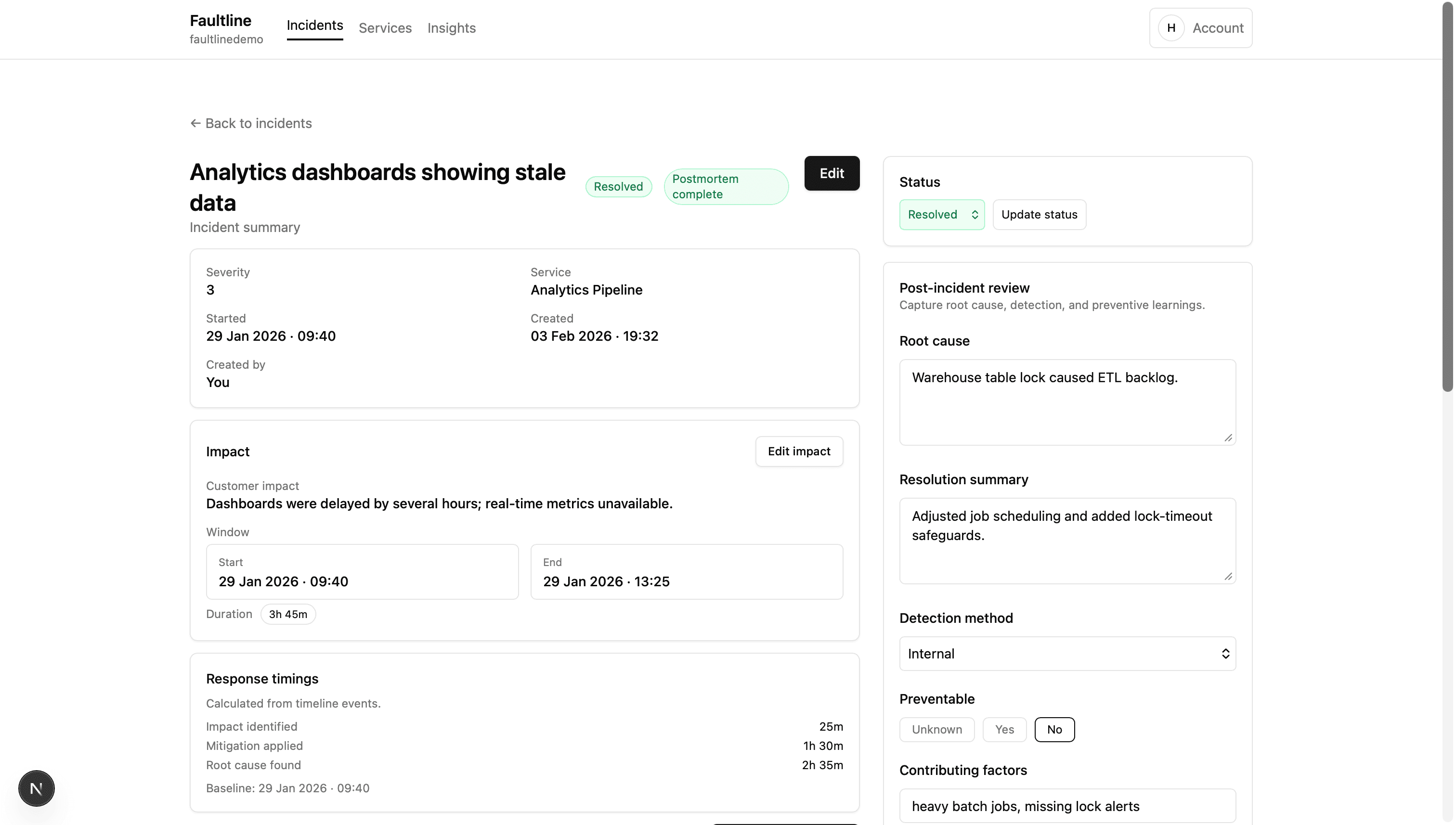 Incident postmortem summary view