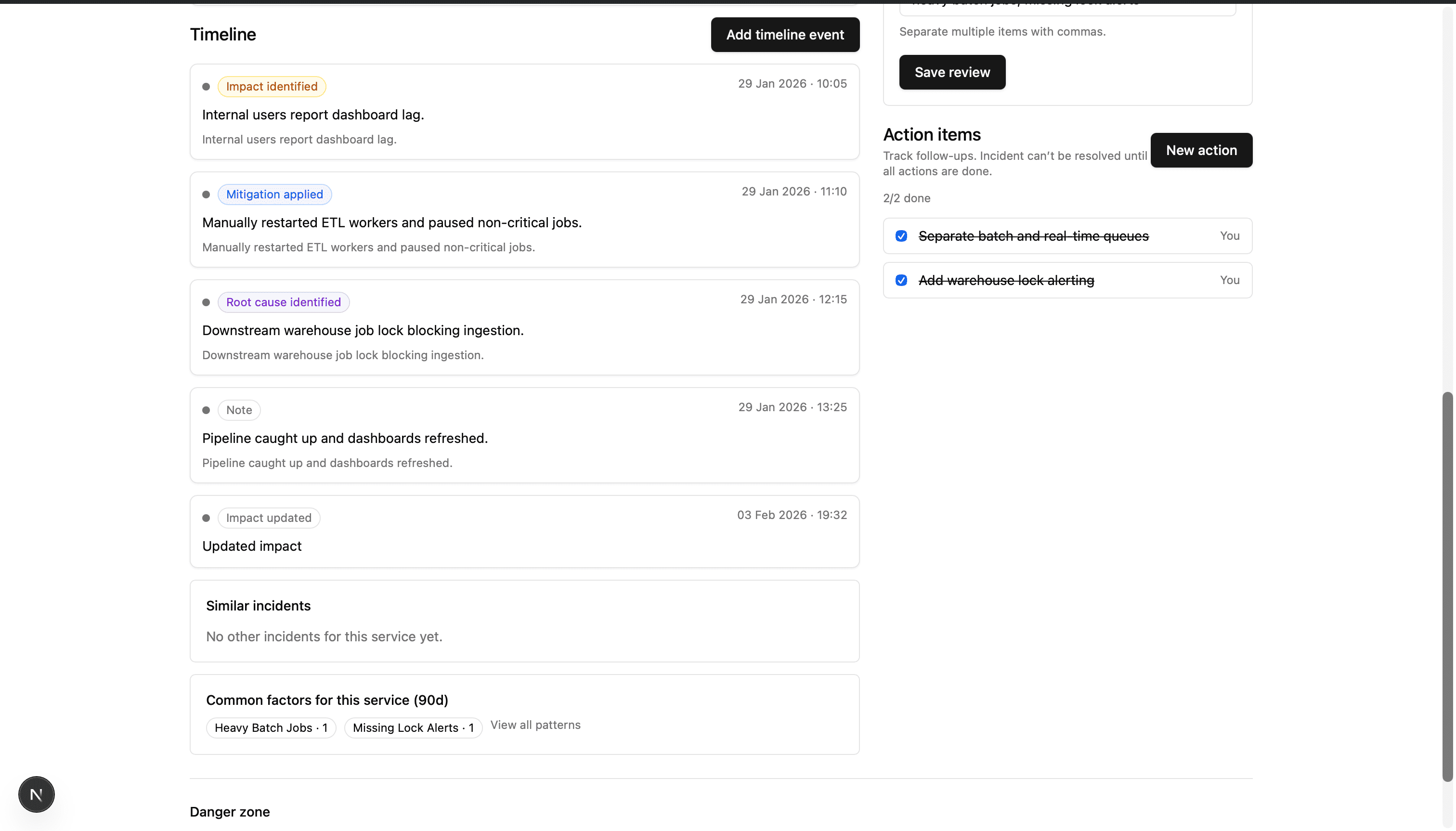 Incident timeline with timestamped events