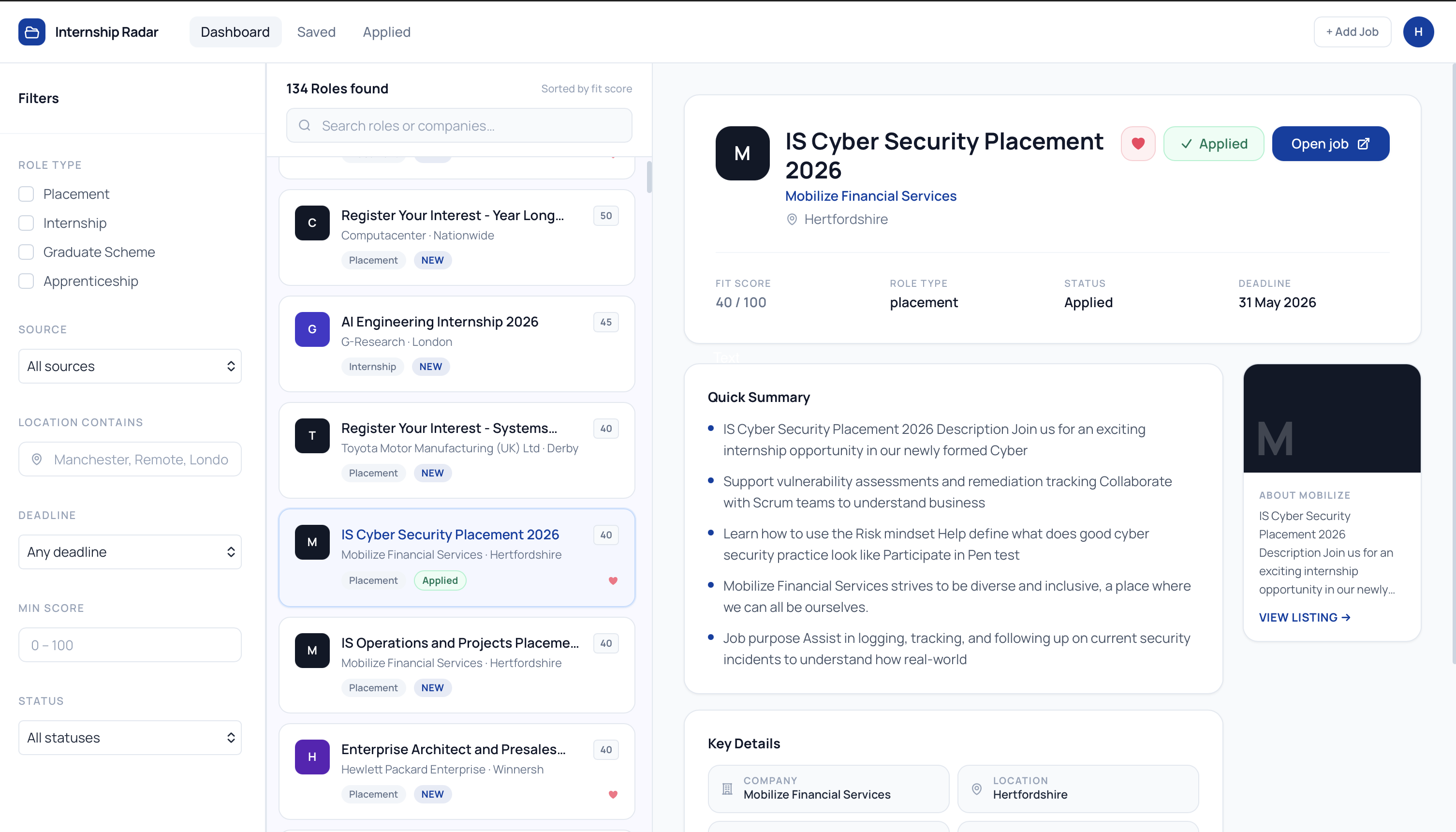 Internship Radar discovery dashboard