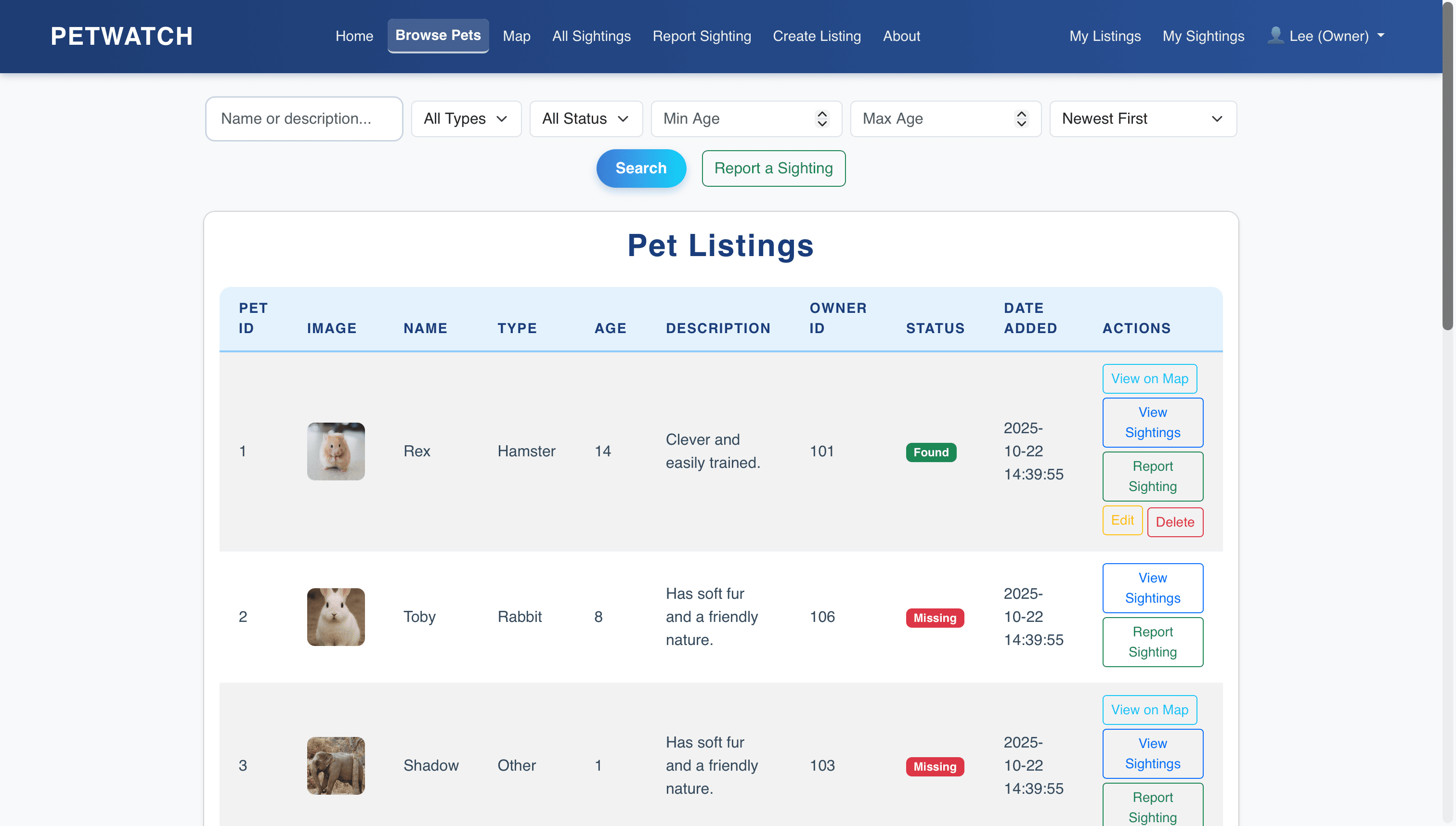 Browse pet listings with filters and actions