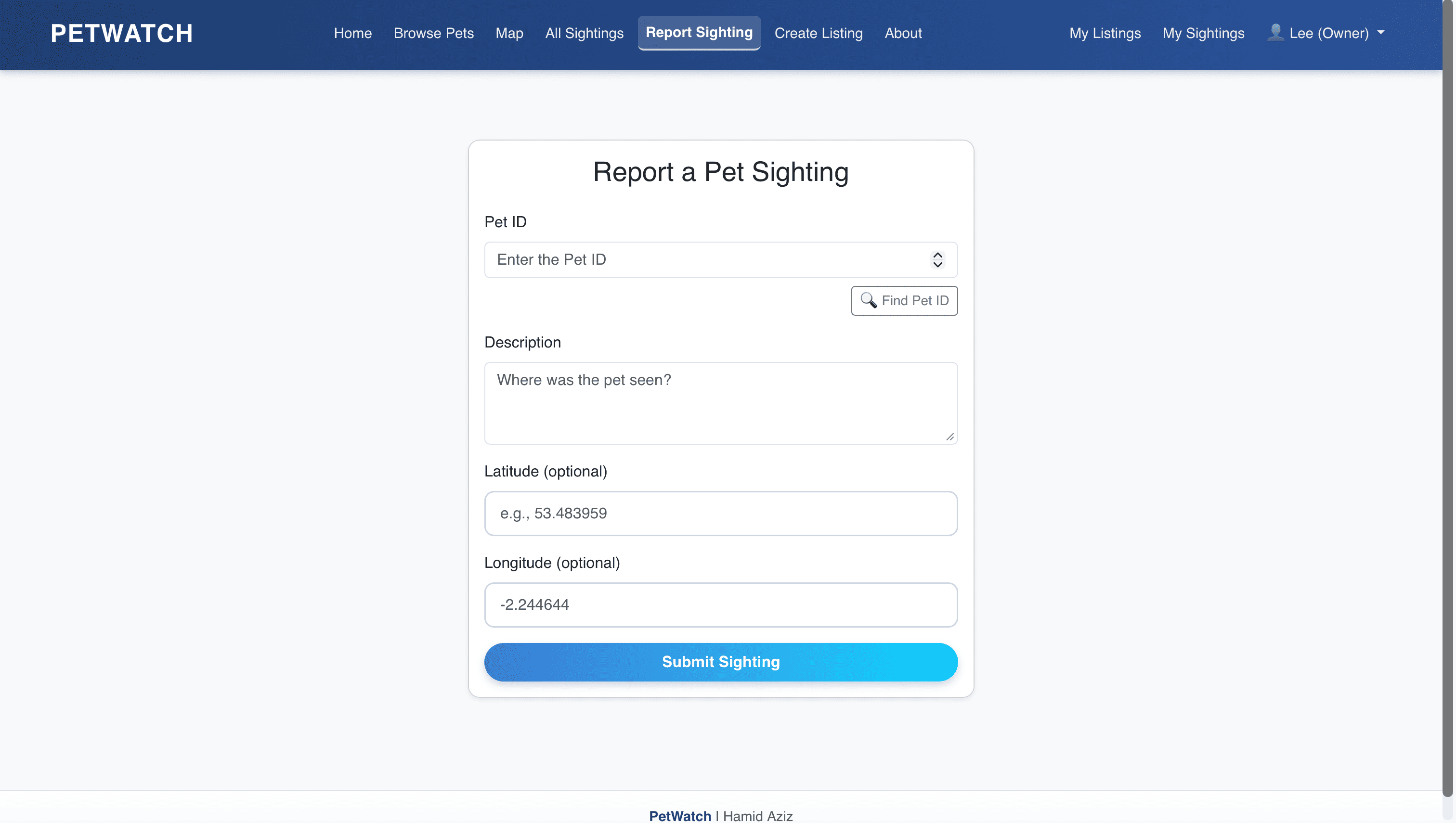 Report a sighting form