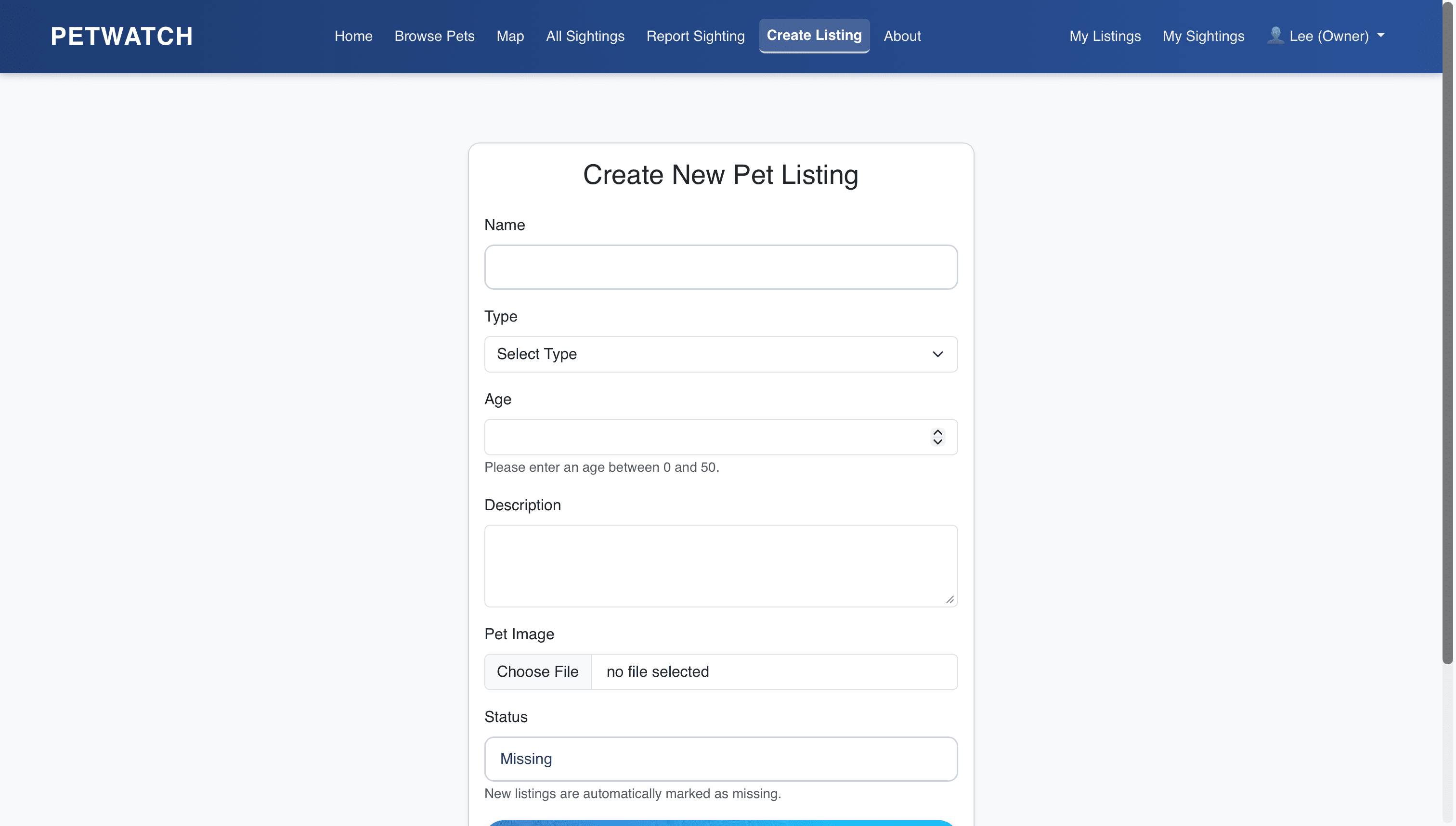 Create a missing pet listing