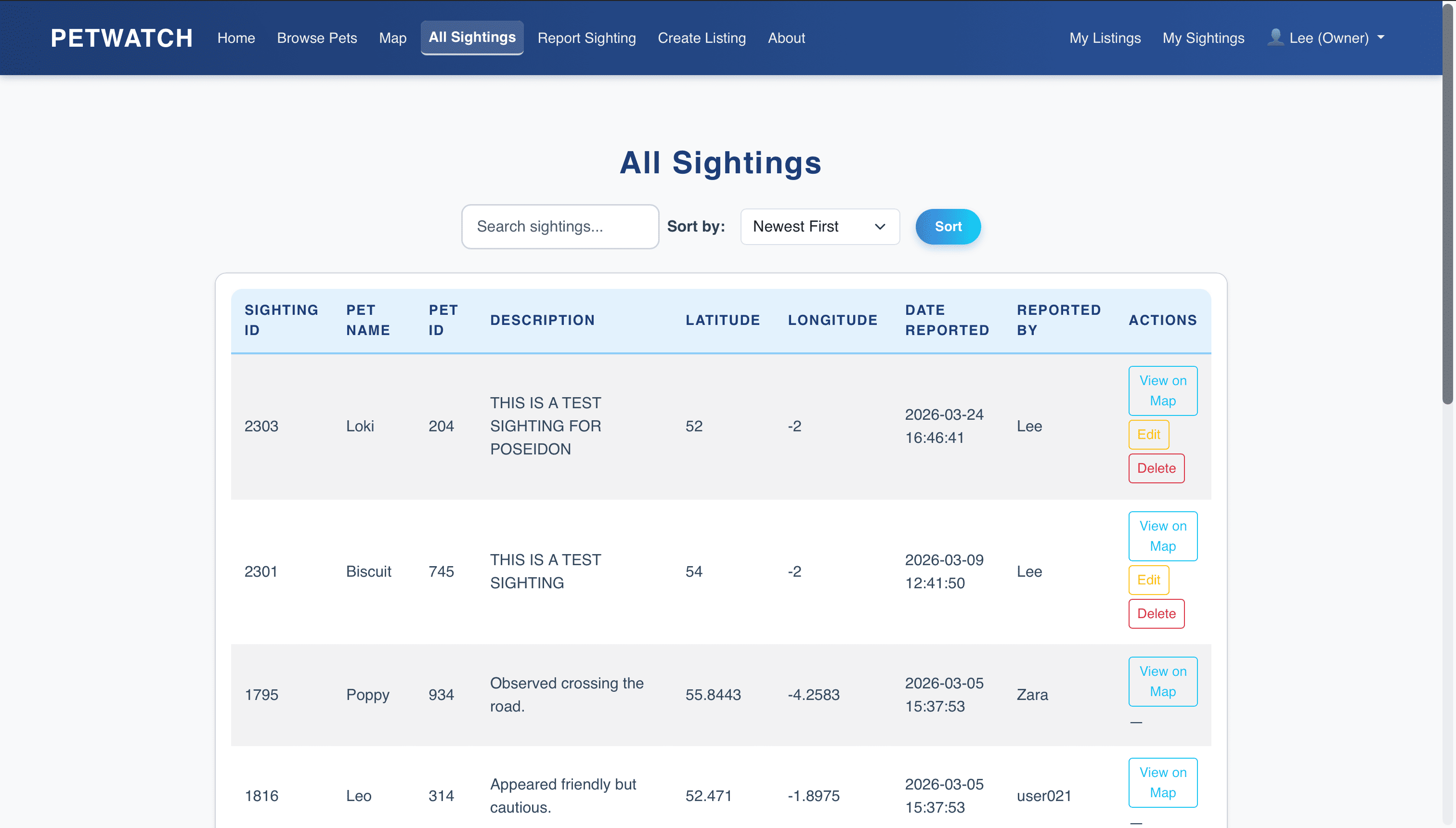 PetWatch — all sightings feed