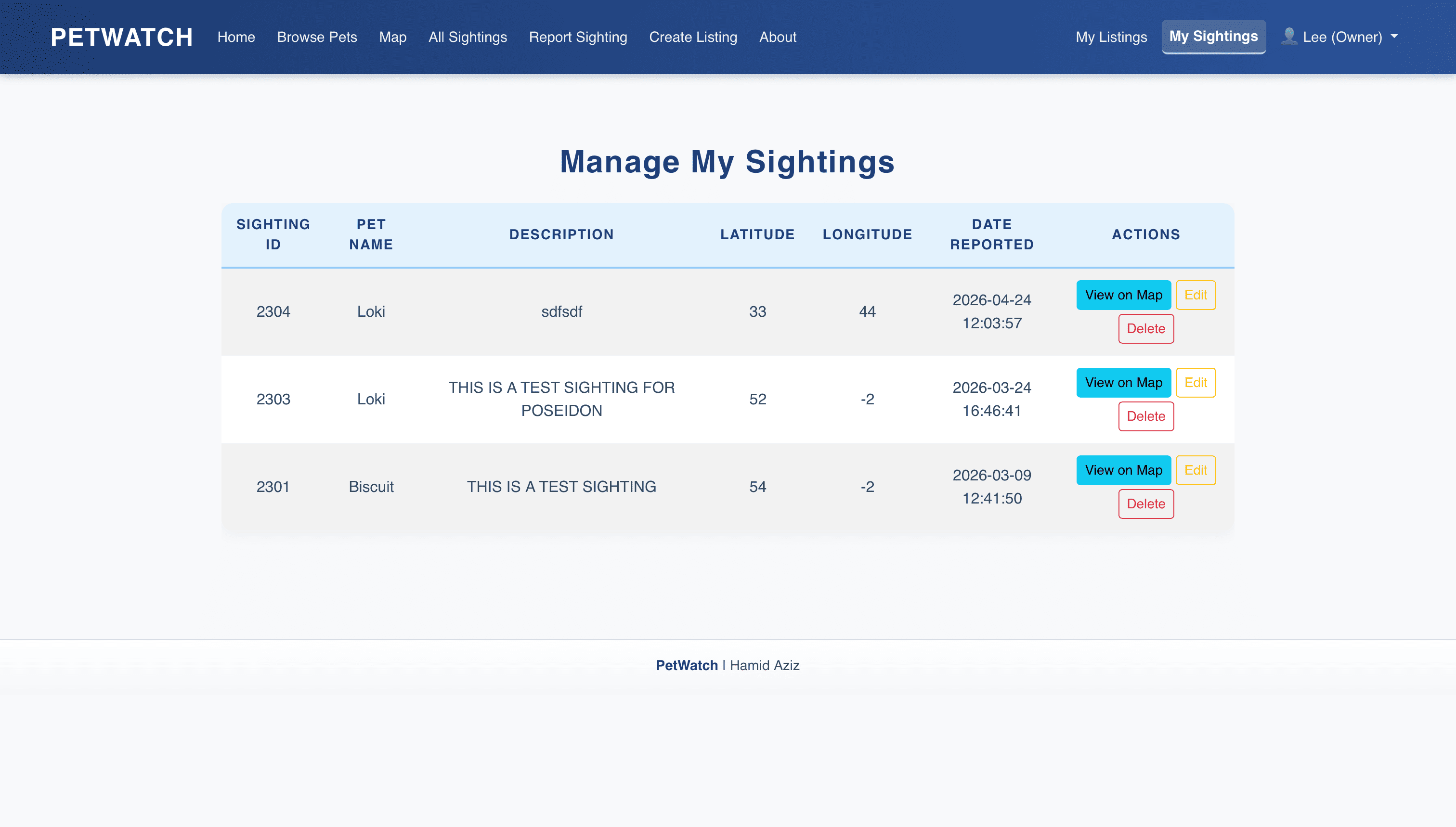 PetWatch — manage my sightings